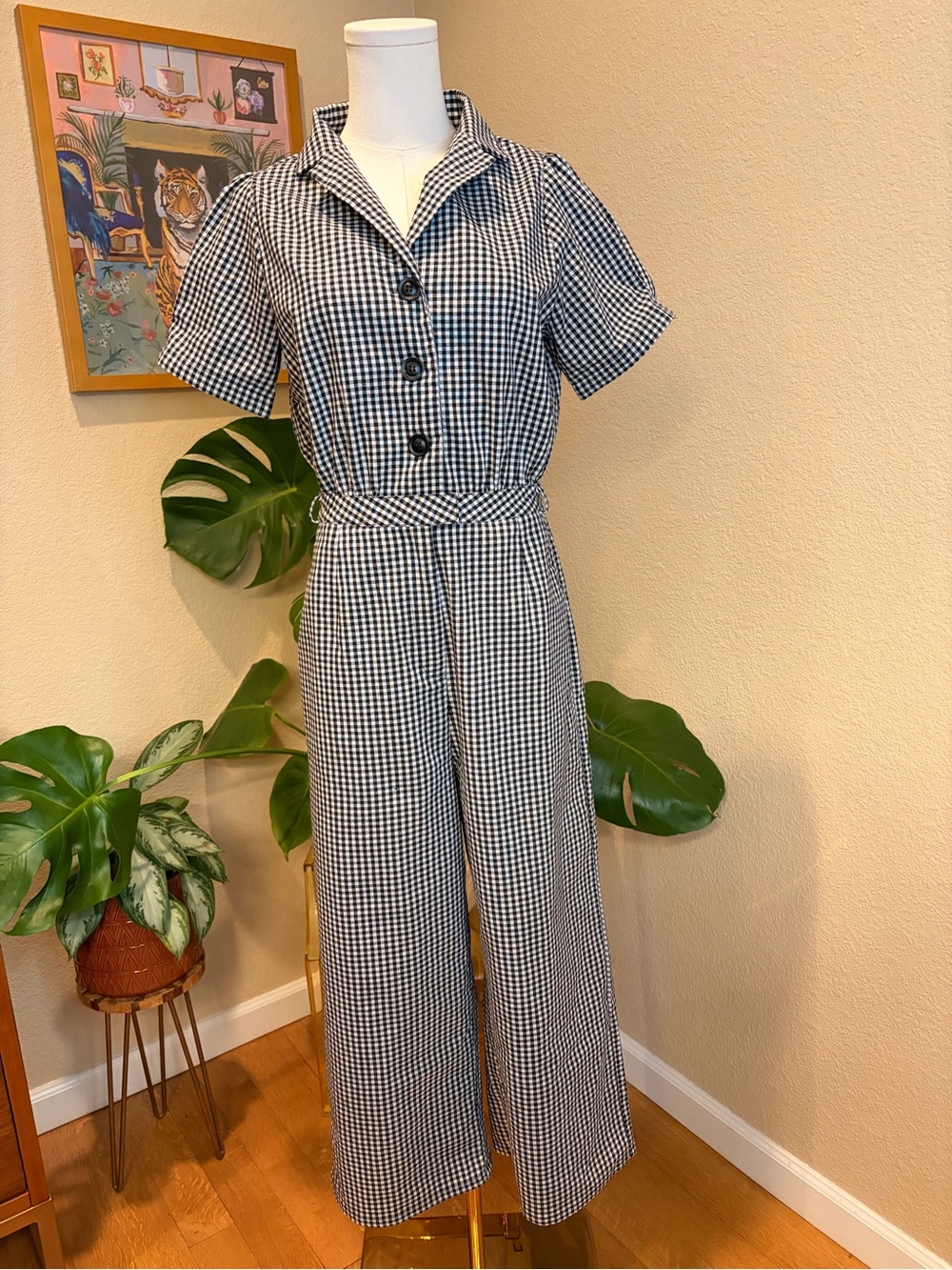 Mod Ref Black & White Gingham Short-Sleeve Jumpsuit - Size Medium